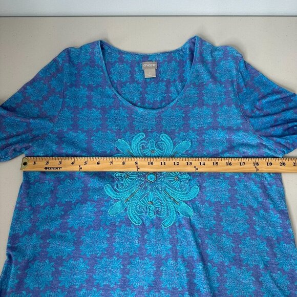 Chicos Embellished Medallion Tee Size L Blue Cotton Modal Blend Summer - Picture 6 of 9